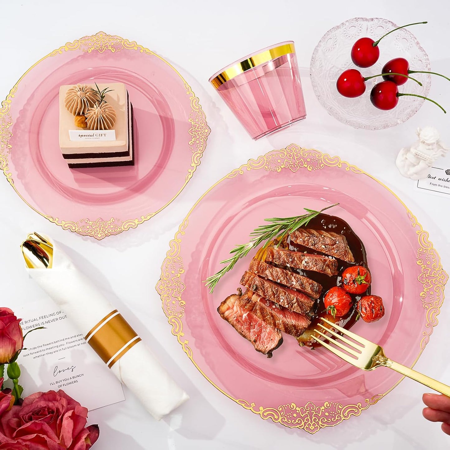 350 PCS Burgundy and Gold Plastic Plates, Disposable Dinnerware Set for 50 Guests, 100 Disposable Plates, 150 Silverwares, 50 Cups, 50 Napkins for Wedding, Party, Graduation