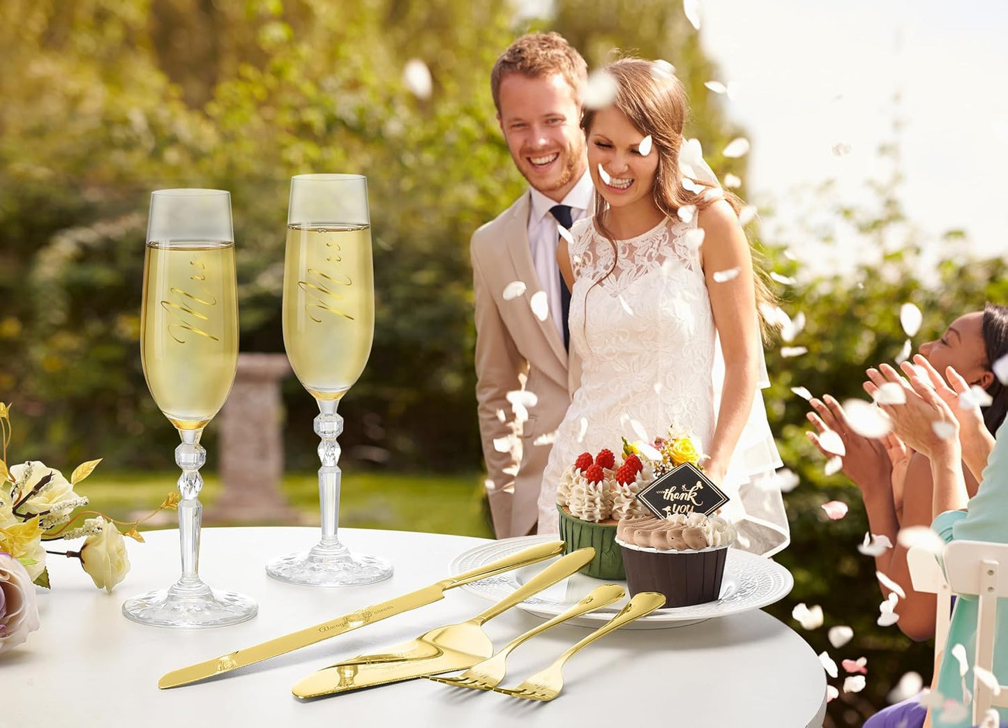 Wedding Cake Knife and Server Set with Forks, Classical Style Crystal Champagne Flutes Toasting Glasses for Bride and Groom, Wedding Gifts for Couples, Engagement and Bridal Shower Gifts