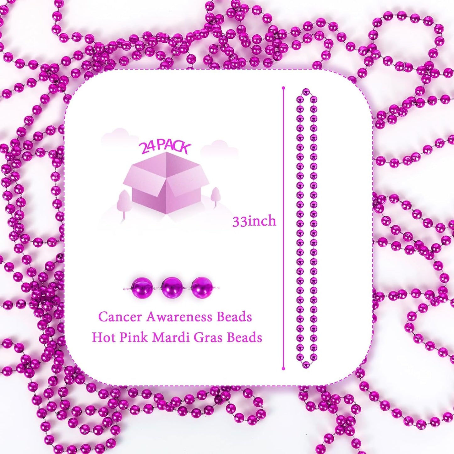 YAXINRUI 24 PCS Hot Pink Bead Necklaces, Pink Mardi Gras Beads, Cancer Awareness Beads Necklaces, Valentine Necklace, 33 Inch Round Party for Mardi Gras Christmas Cancer Awareness Month Events