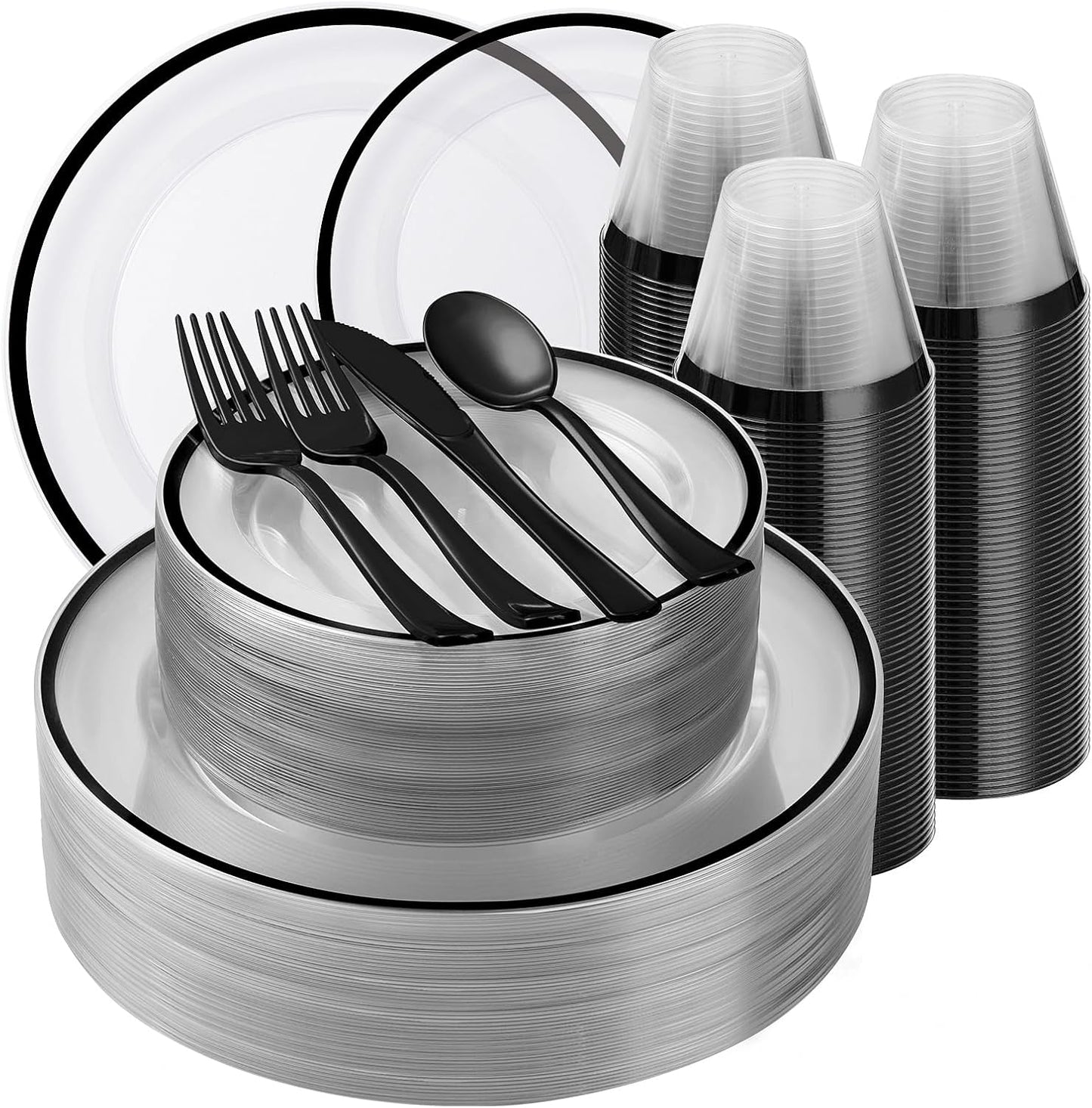 350PCS Black and Clear Plastic Dinnerware Sets for 50 Guests, Include 100 Black Disposable Plates, 100 Forks, 50 Knives, 50 Spoons, 50 Cups,Halloween