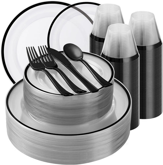 350PCS Black and Clear Plastic Dinnerware Sets for 50 Guests, Include 100 Black Disposable Plates, 100 Forks, 50 Knives, 50 Spoons, 50 Cups,Halloween