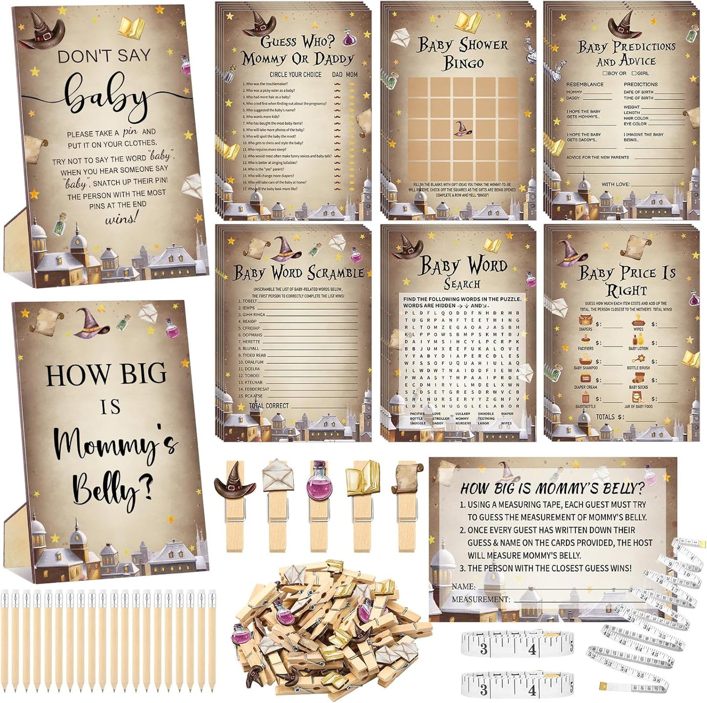426 Pcs Magical Wizard Baby Shower Games Set-8 Games, Includes Baby Shower Bingo, Price, Guess Who, Word Scramble, Prediction and Advice, How Big is Mommy's Belly, Don't Say The Words