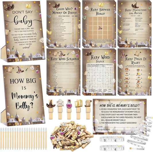 426 Pcs Magical Wizard Baby Shower Games Set-8 Games, Includes Baby Shower Bingo, Price, Guess Who, Word Scramble, Prediction and Advice, How Big is Mommy's Belly, Don't Say The Words