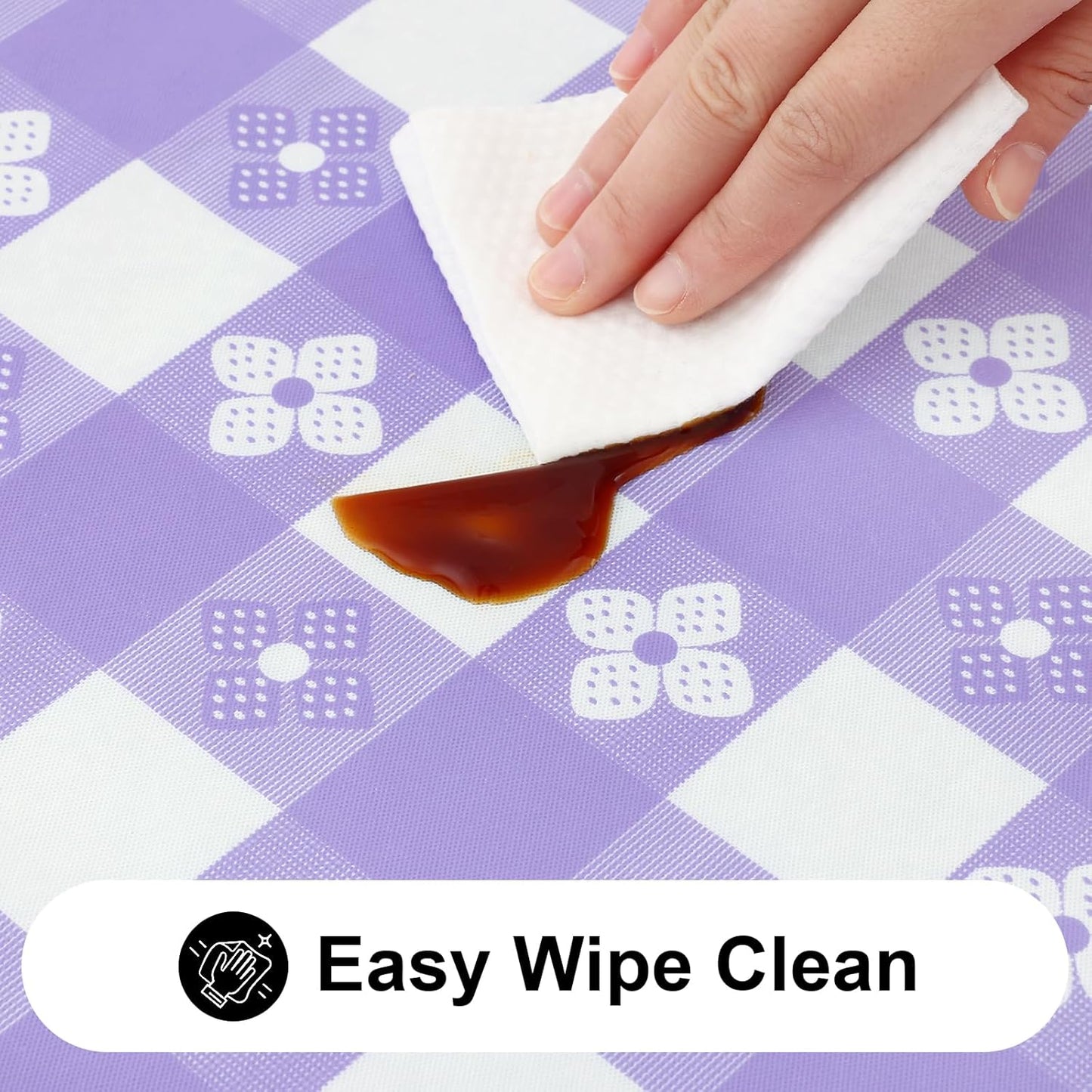 Rectangle Vinyl Table Cloth, Waterproof Elastic Fitted Tablecloth with Flannel Backing, Plastic Table Cover for Picnic, Camping, Outdoor (White & Lavender, 30"x48")