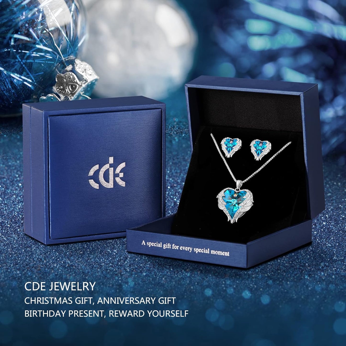 CDE Mothers Day Jewelry Set for Women, Angle Wing Heart Pendant Necklaces and Earrings with Birthstone， Birthday/Anniversary Christmas Jewelry Gift for Women Wife Her