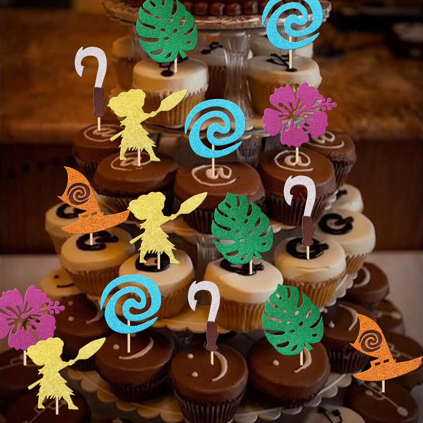 24 PCS Moana Inspired Cupcake Toppers Assembled Glitter Palm Leaf Flower Moana Cupcake Picks for Tropical Hawaiian Luau Theme Baby Shower Birthday Party Cake Decorations Supplies