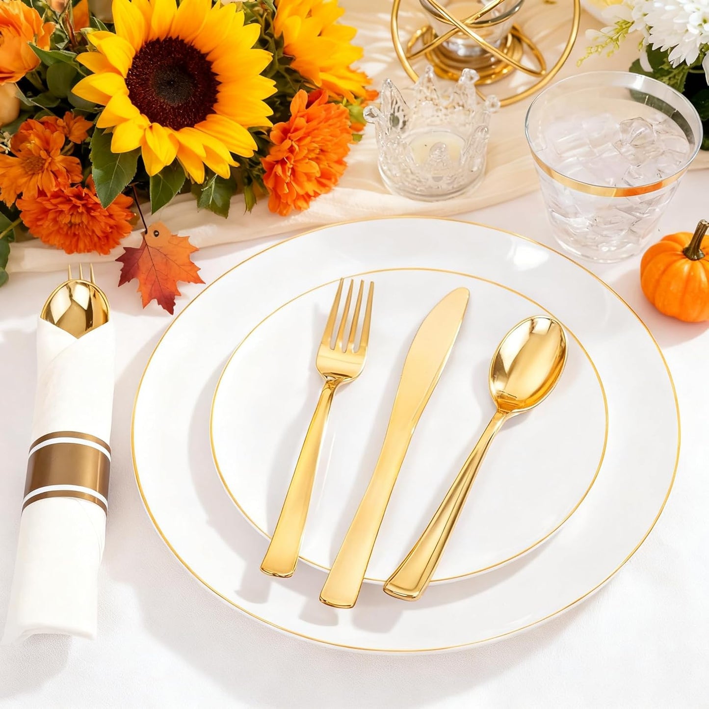 KIRE 175PCS Gold Plates Disposable - Heavy Duty White and Gold Plastic Plates Dinnerware Sets - 25 for Dinner 25 for Dessert 25 Pre Rolled Napkins and 25 Cups for Birthday/Thanksgiving Party/Wedding