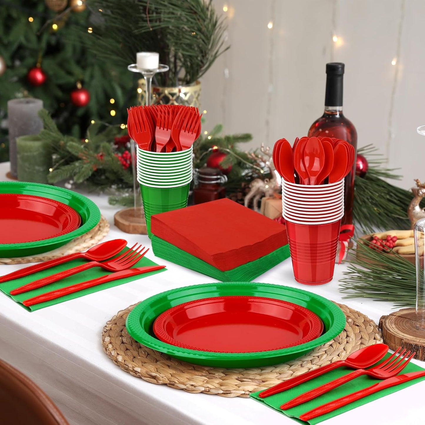 Aodaer 400 Pieces Christmas Party Supplies Red Green Plastic Dinnerware Include Plates Cups Knives Forks Spoons Paper Napkins for Christmas Birthday Wedding Parties, Serve 50 Guests