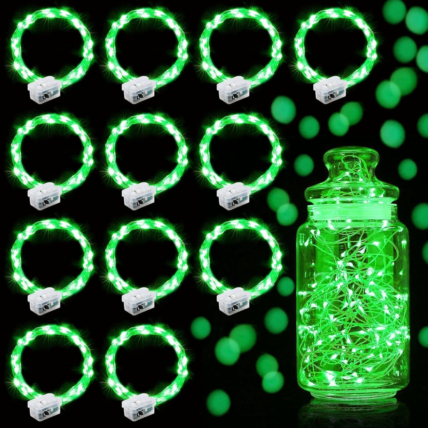 Aogist Led Fairy Lights 3 Modes Battery Operated String Lights Waterproof Silver Wire 7 Feet Firefly Starry Moon Mason Jar Lights for DIY Wedding Party Christmas (Green, 12 Pack)