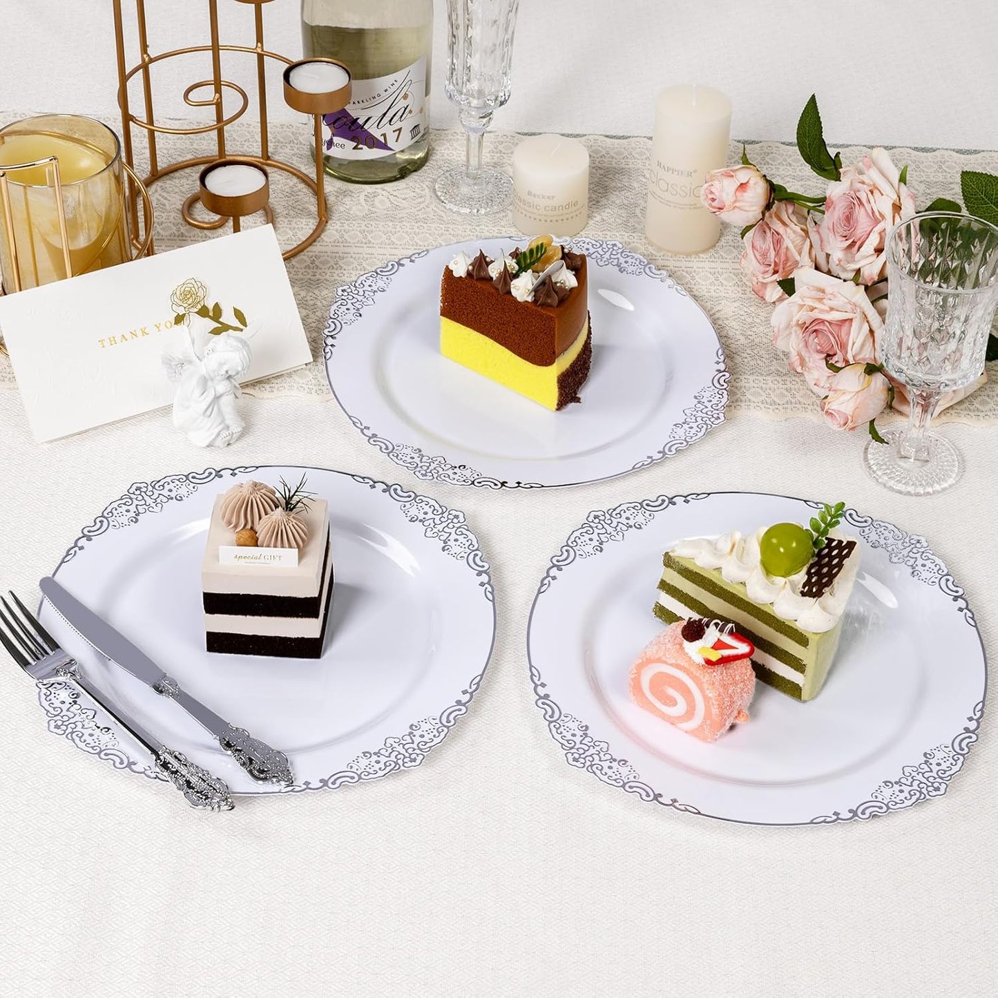 Goodluck 100PCS White and Silver Plastic Plates – 10.25” Heavy Duty Disposable Dinner Plates & Party Plates for Weddings, Parties, Events – Elegant, Sturdy