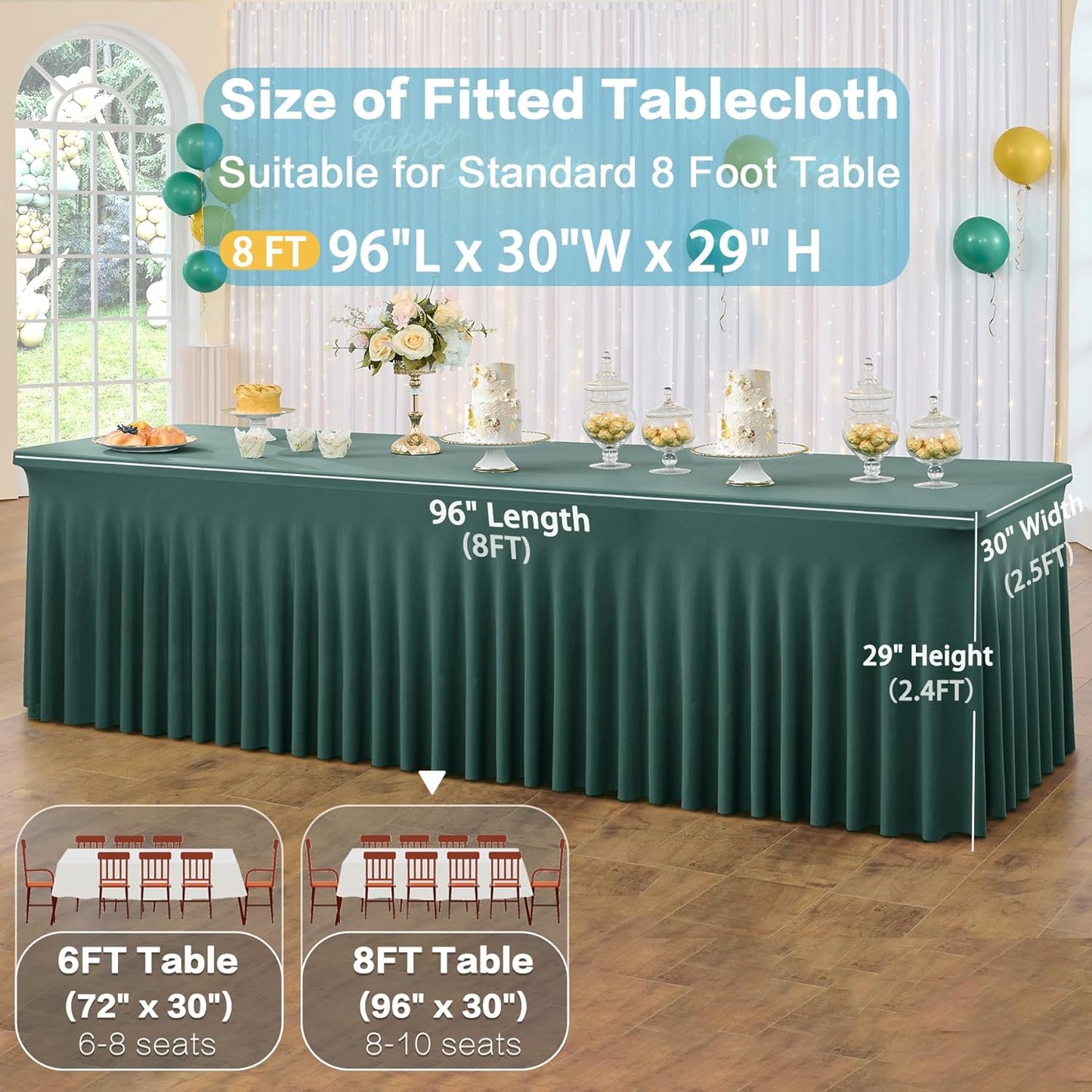 2 Pack Hunter Green Spandex Table Clothes for 8 Foot Rectangle Tables, Wrinkle Free Fitted Table Cover 8ft Green Stretchy Tablecloths with Skirt for Parties Weddings Birthday Banquet Baby Shower