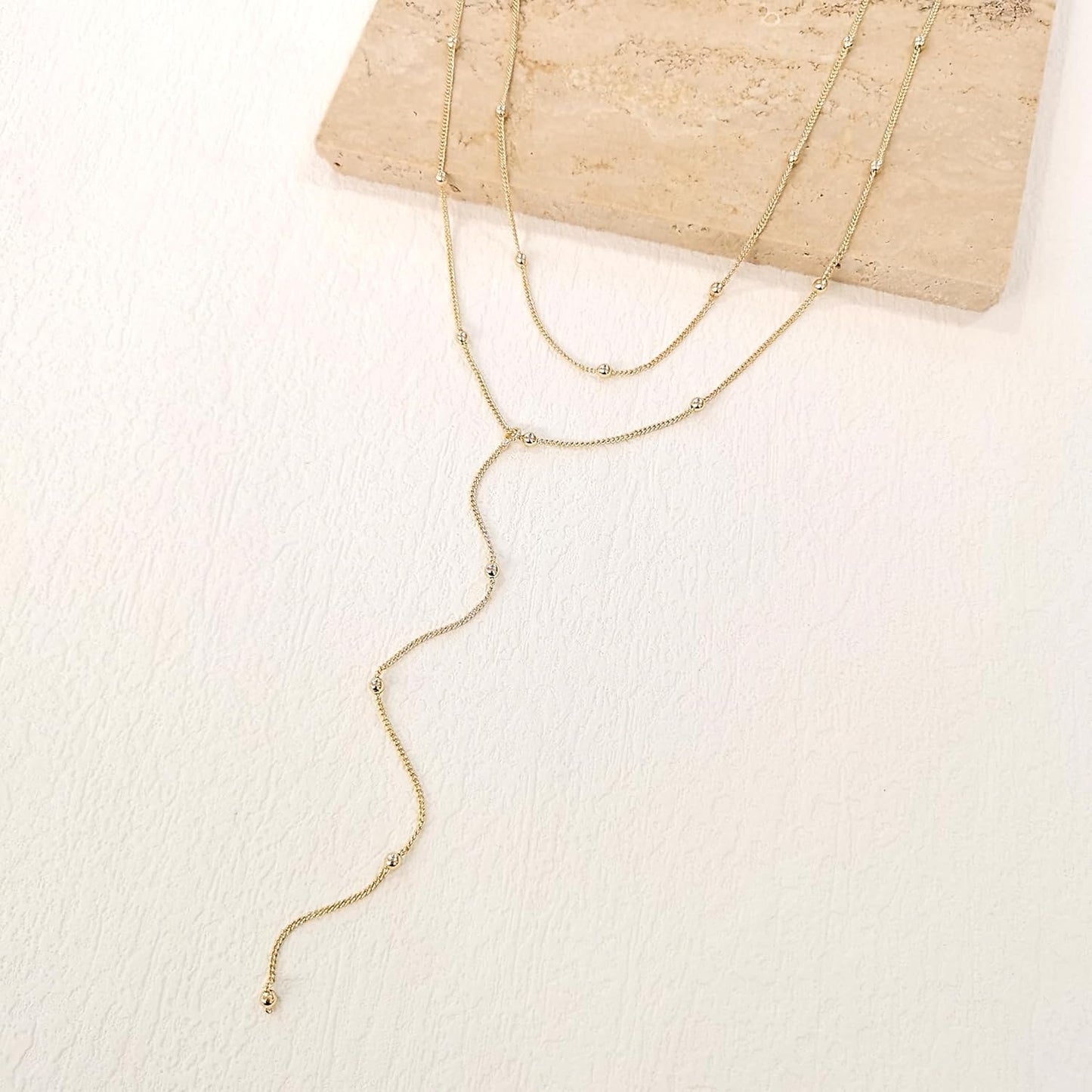 Lariat Gold Necklace for Women, Dainty Long Necklace 14k Gold Plated/Silver Y-Shaped Layered Beaded Chain Drop Necklaces for Women Trendy Simple Gold Jewelry for Women Gifts