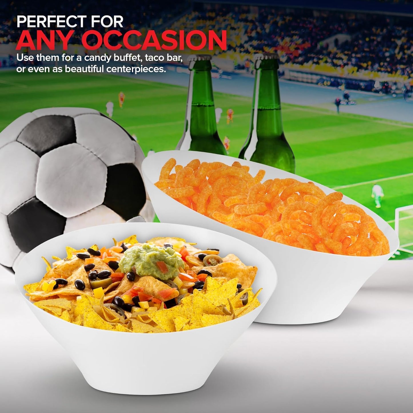 54oz White Plastic Serving Bowls (4 Pack) Large Disposable Snack Bowl Candy Dishes, Buffet Containers, Chips, Popcorn, Snacks, Punch, Salad Bar, Parties, Office Desk, Bridal Shower, Party Supplies