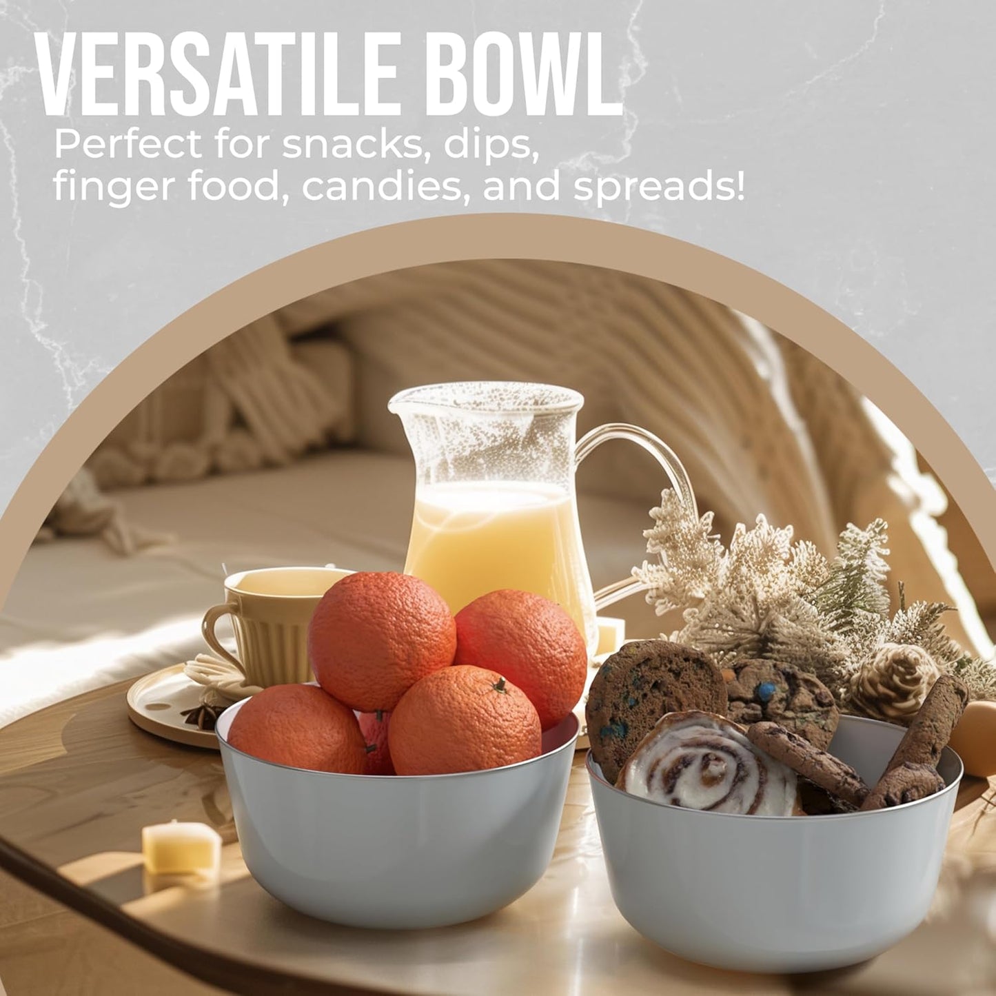 Trendables Disposable 24 Oz Bowls - 20-Piece Set - Sage Silver Rimmed Fancy Serving & Salad Bowls - Perfect for Ice Cream & Candy