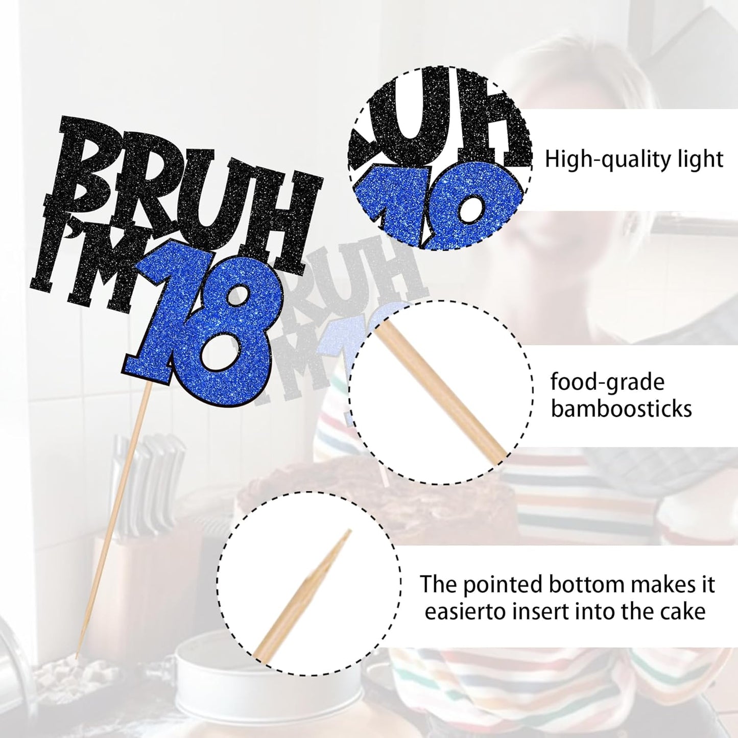 1 PCS Bruh I'm 18 Cake Topper Glitter Happy 18th Birthday Cake Pick Bro I'm 18 Cake Decoration It's My 18th Birthday Decorations for Cheers to 18 Years Old Birthday Anniversary Party Supplies Blue