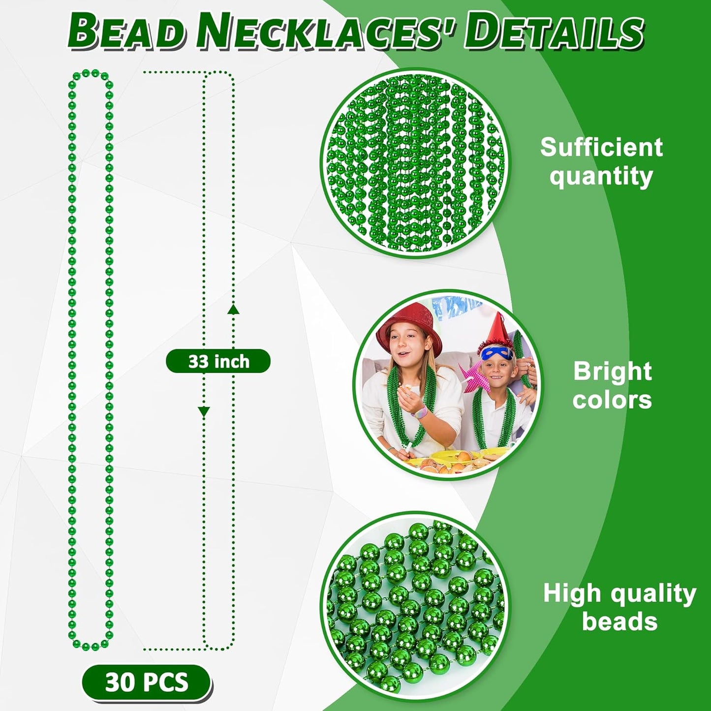 St Patricks Day Decor, 30PCS Green Beads Necklaces Accessories, 33" Saint Patricks Day Mardi Gras Xmas Necklace Party Favor, Green Mardi Gras Beads Bulk for Wedding Birthday Holiday Parade Throw