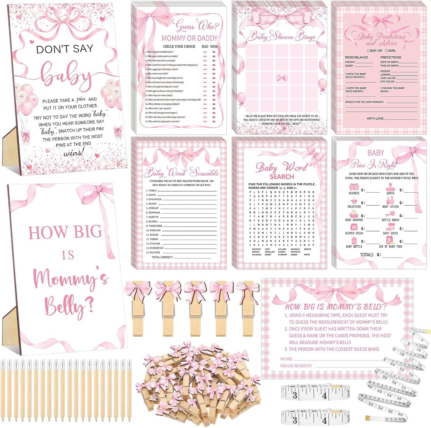 426 Pcs Pink Bow Baby Shower Games Set-8 Games, Includes Baby Shower Bingo, Price is Right, Guess Who, Word Scramble, Prediction and Advice, How Big is Mommy's Belly, Don't Say The Words