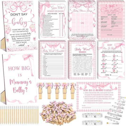 426 Pcs Pink Bow Baby Shower Games Set-8 Games, Includes Baby Shower Bingo, Price is Right, Guess Who, Word Scramble, Prediction and Advice, How Big is Mommy's Belly, Don't Say The Words