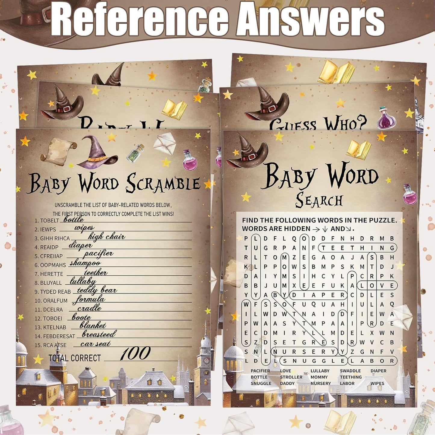 426 Pcs Magical Wizard Baby Shower Games Set-8 Games, Includes Baby Shower Bingo, Price, Guess Who, Word Scramble, Prediction and Advice, How Big is Mommy's Belly, Don't Say The Words