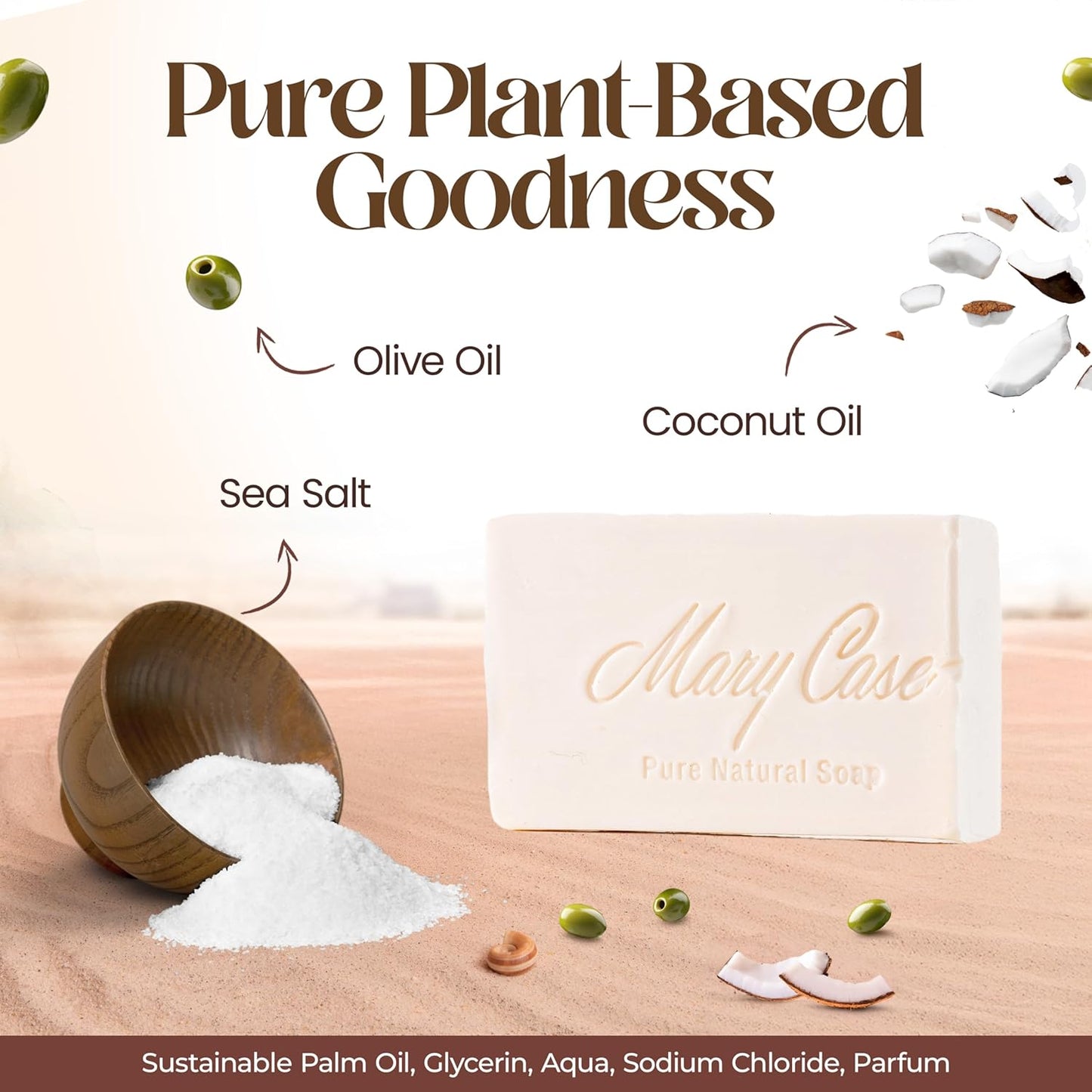 Mary Case All Natural Bar Soap for Men & Women (Set of 4) - Sea Salt Bath Soap Bar with Olive and Coconut Oils - Vegan Bath Soaps Bars for Exfoliating, Balancing Moisture & Mineral-Rich Nourishment