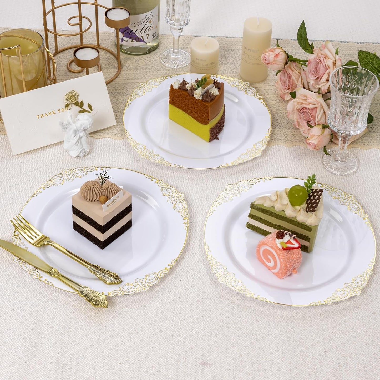 Goodluck 100PCS White and Gold Plastic Plates – 10.25” Heavy Duty Disposable Dinner Plates & Party Plates for Weddings, Parties, Events – Elegant, Sturdy