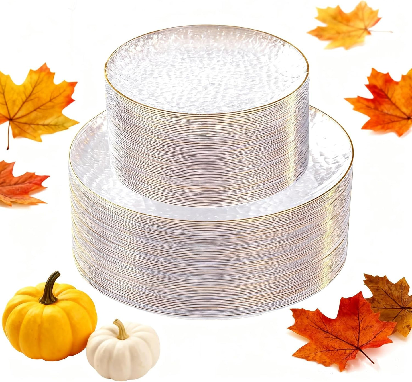 SUT 100Pcs Clear Plastic Plates, Hammered Plates Disposable Heavy Duty, Clear Disposable Plates With Gold Rim, Fancy Plastic plates Include 50 Dinner and 50 Dessert plates for Wedding