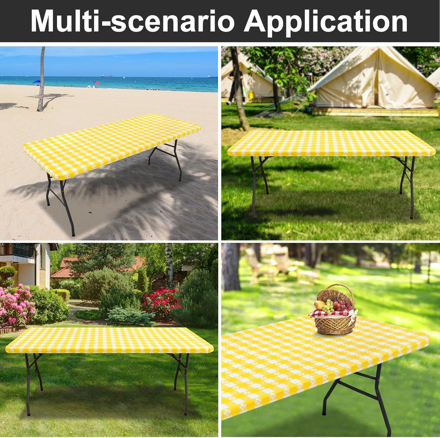 Rectangle Vinyl Table Cloth, Waterproof Elastic Fitted Tablecloth with Flannel Backing, Plastic Table Cover for Picnic, Camping, Outdoor (White & Yellow, 30"x72")
