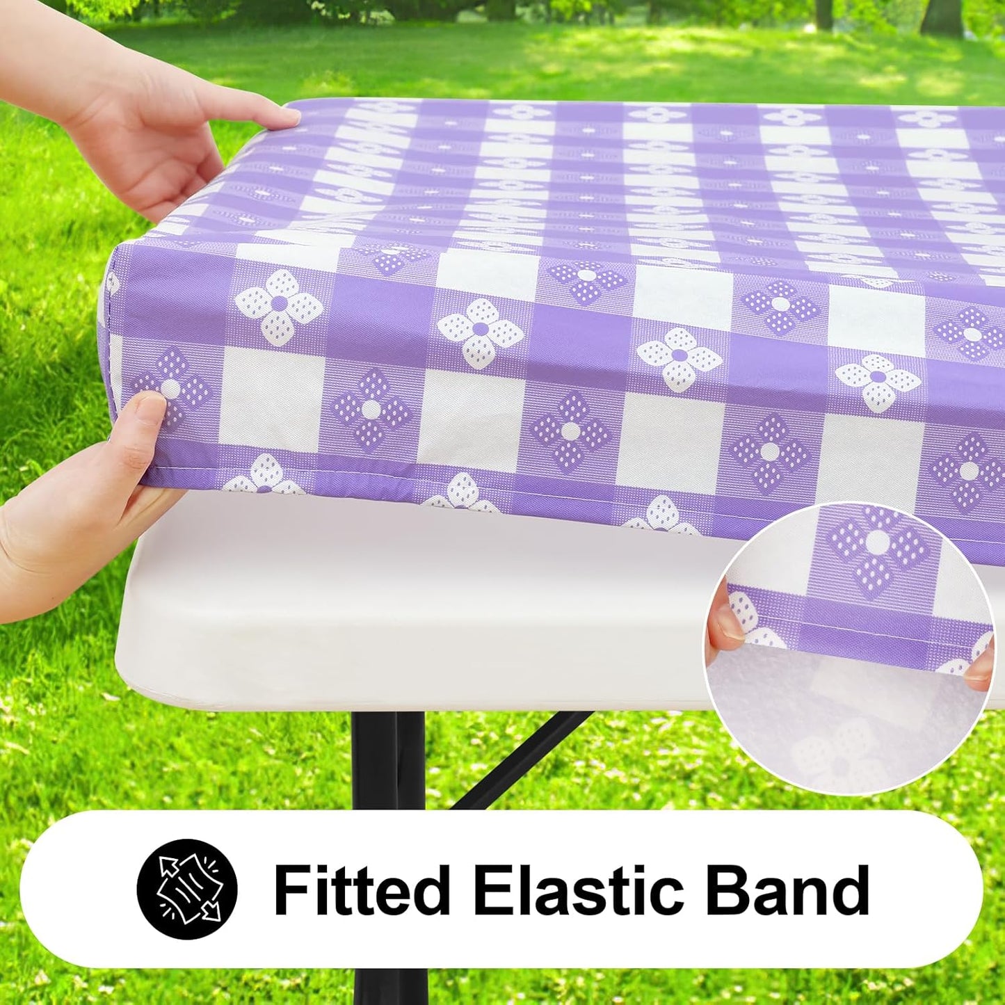 Rectangle Vinyl Table Cloth, Waterproof Elastic Fitted Tablecloth with Flannel Backing, Plastic Table Cover for Picnic, Camping, Outdoor (White & Lavender, 30"x72")