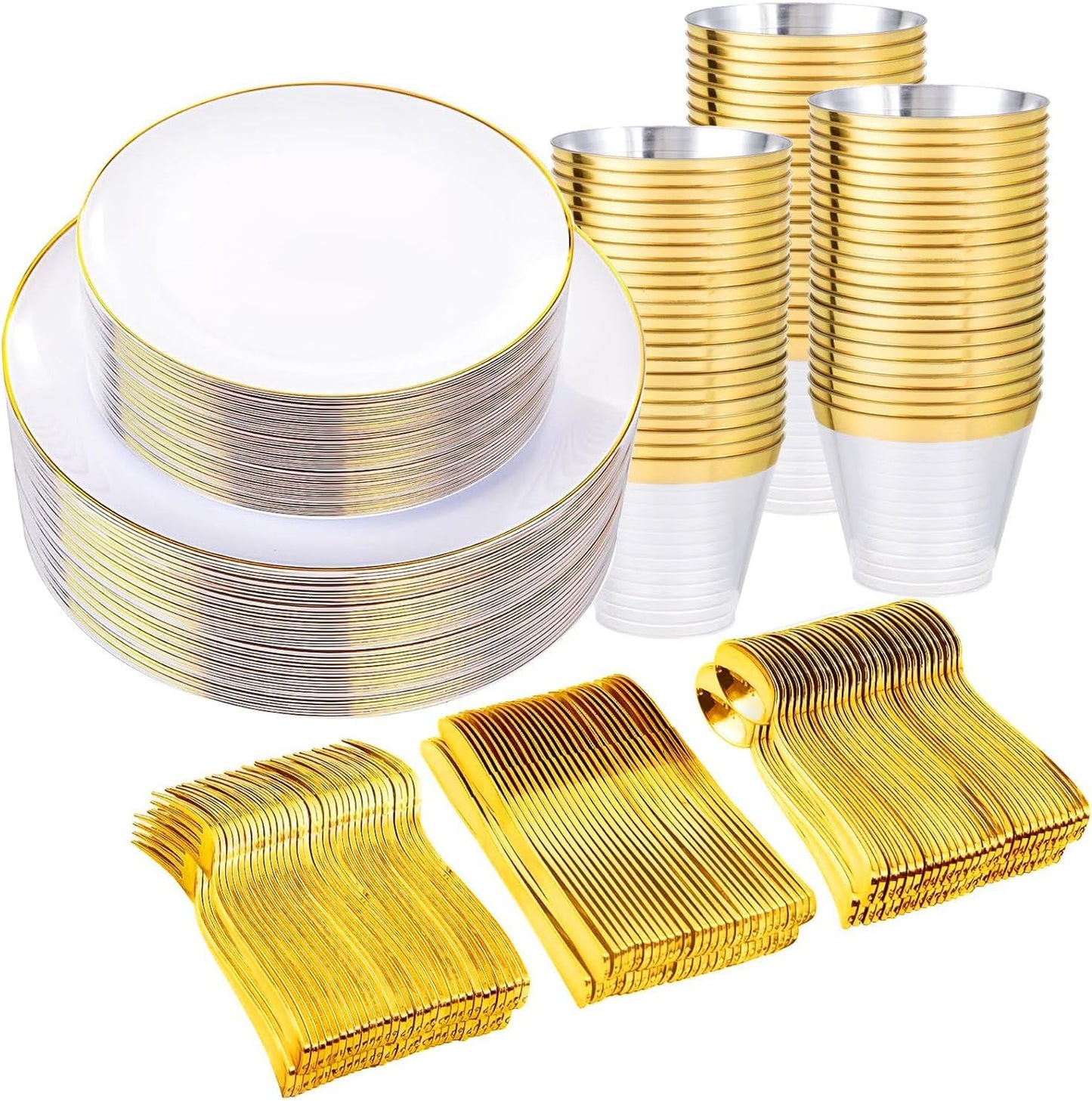 WELLIFE 600PCS White and Gold Plastic Dinnerware Set - Includes 100 Dinner Plates, 100 Dessert Plates, 300 Plastic Cutlery, 100 Cups - Perfect for 100 Guests, Weddings & Parties