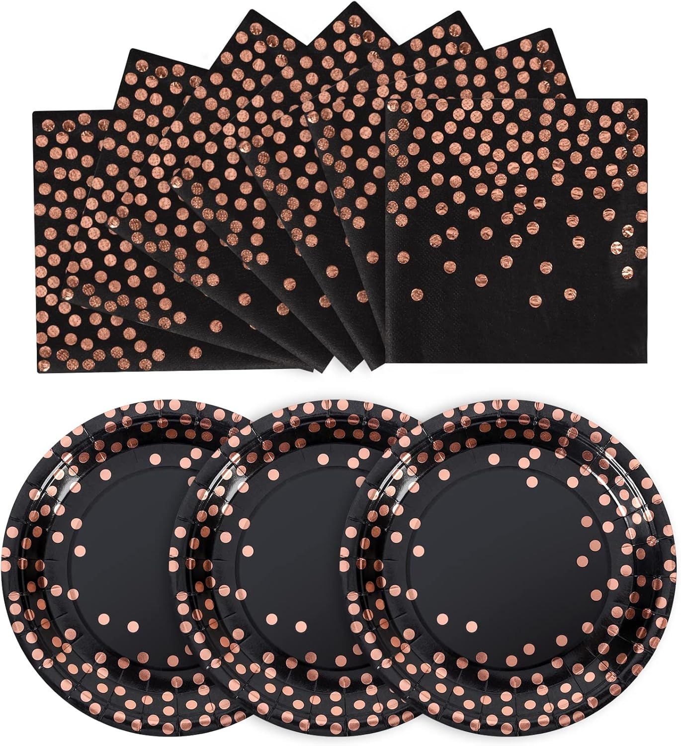 Disposable Paper Plates 100 Pack- Black and Rose Gold Paper Plates 50 x 7" & 50 x 6.5" Napkins, Black Plate and Napkins Party Supplies for Graduation Retirement, All Occasions
