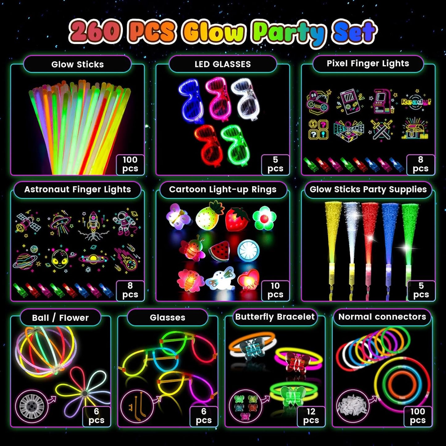 LovesTown Glow in the Dark Party Supplies for Kids Adults, 260PCS Light up Party Favors with LED Glasses Glow Sticks Finger Lights for Christmas New Year Raves Birthday Wedding