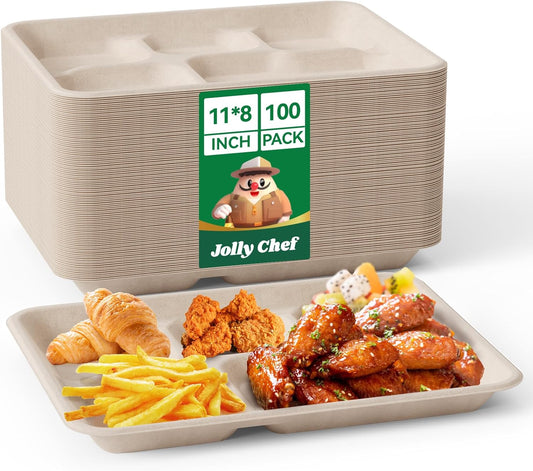 JOLLY CHEF Compostable 𝟱 Compartment 𝟭𝟭 * 𝟴 𝗶𝗻𝗰𝗵 Paper Plates [𝟭𝟬𝟬 𝗣𝗮𝗰𝗸] Heavy Duty Small Natural Divided Eco-Friendly Biodegradable Food Trays for Dinner Lunch Thanksgiving Day
