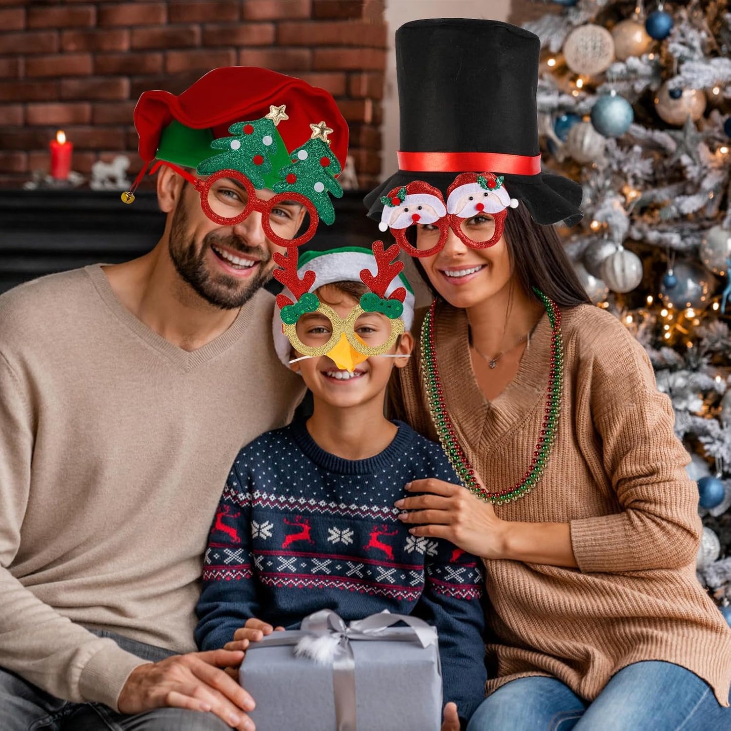 21 Pcs Funny Christmas Party Photo Booth Props Kit - Includes 6 Christmas Hats, 6 Xmas Glasses, 6 Festive Necklaces, White Beard for Costume Party, Holiday Party Decor & Photo Booth Supplies