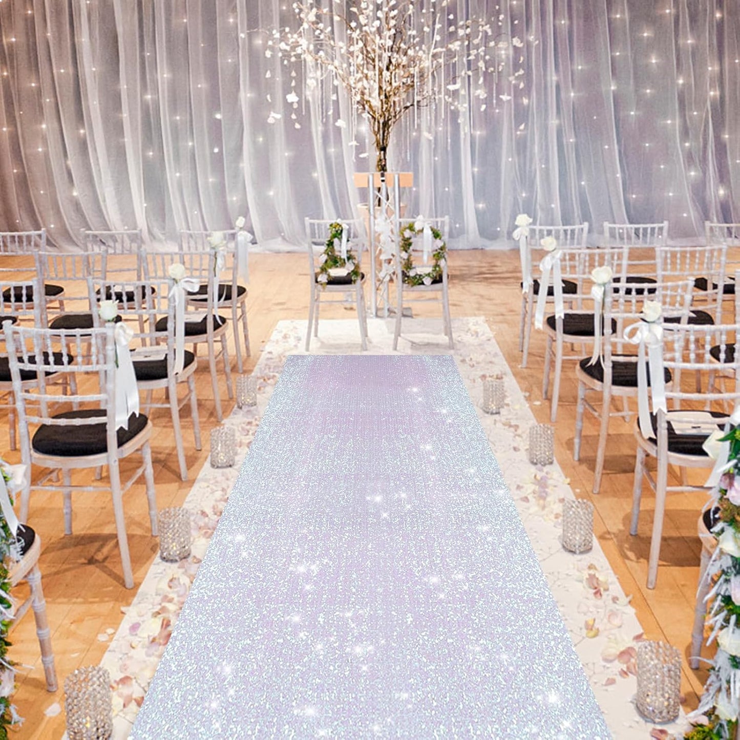 PartyDelight Wedding Aisle Runner Iridescent White 2.6FTx15FT Sequin Carpet Sparkly Rug for Ceremony Indoor Outdoor Engagement Decoration