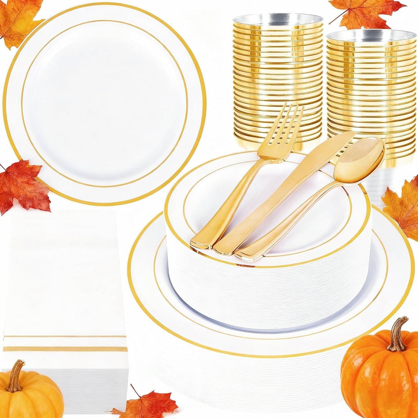 GATHER 350PCS White and Gold Plastic Plates - Disposable Plastic Dinnerware Set Include 50 Dinner Plates, 50 Dessert Plate, 150 Silverware, 50 Napkins, 50 Cups for Party & Wedding & Thanksgiving