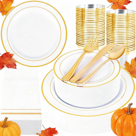 GATHER 350PCS White and Gold Plastic Plates - Disposable Plastic Dinnerware Set Include 50 Dinner Plates, 50 Dessert Plate, 150 Silverware, 50 Napkins, 50 Cups for Party & Wedding & Thanksgiving