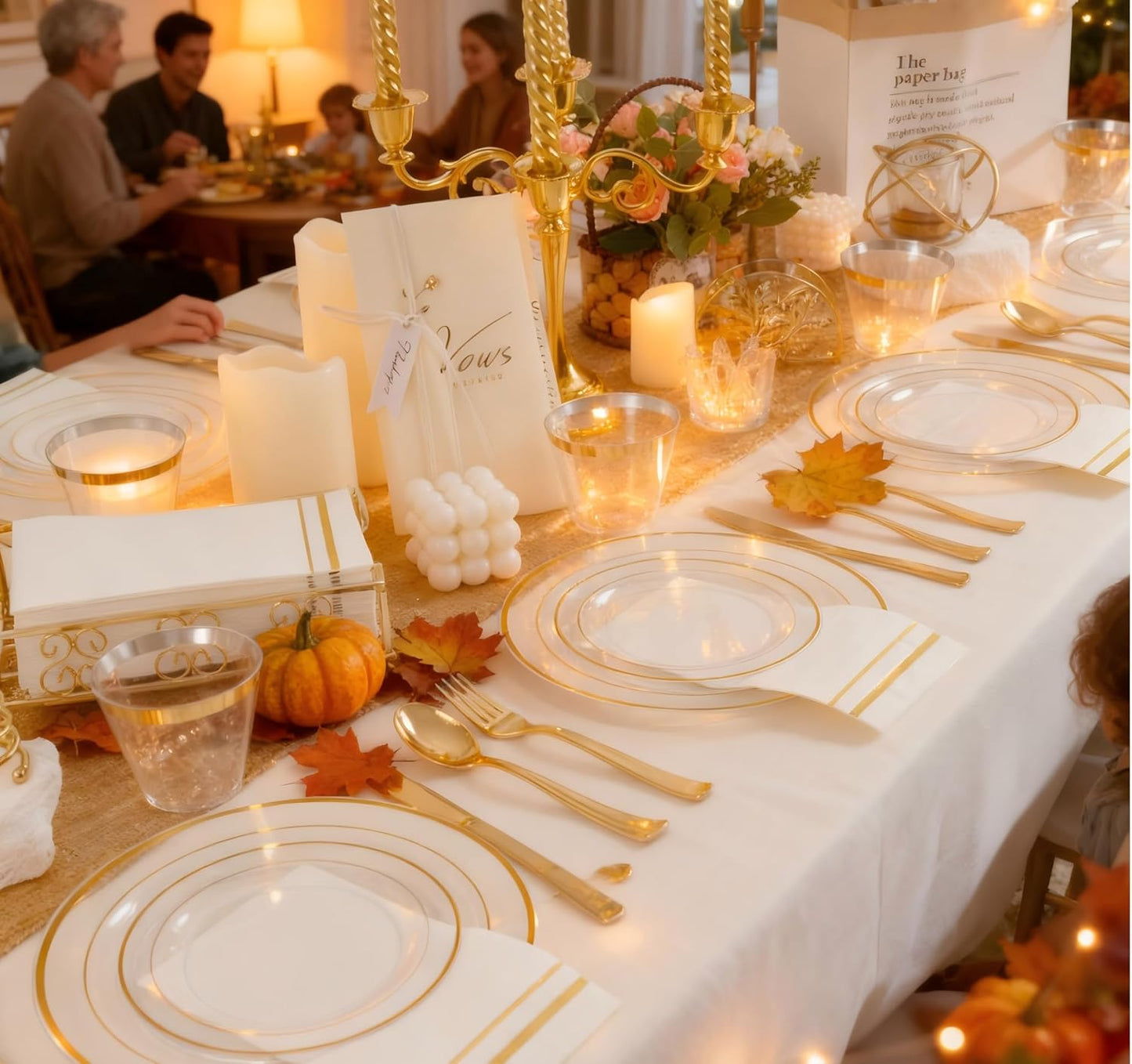 GATHER 350PCS Clear Gold Plastic Plates - Disposable Gold Dinnerware Sets Includes 100 Gold Rim Plastic Plates, 150 Silverware, 50 Napkins, 50 Cups for Party, Wedding & Birthday & Thanksgiving