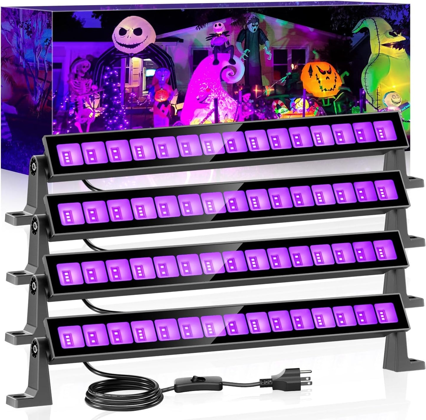 45W LED Black Light Bar,Black Lights for Glow Party,Waterproof Blacklight with Plug & Switch, Halloween Light for Glow in The Dark Party Supplies,Bedroom,Body Paint,Stage Lighting,4 Pack