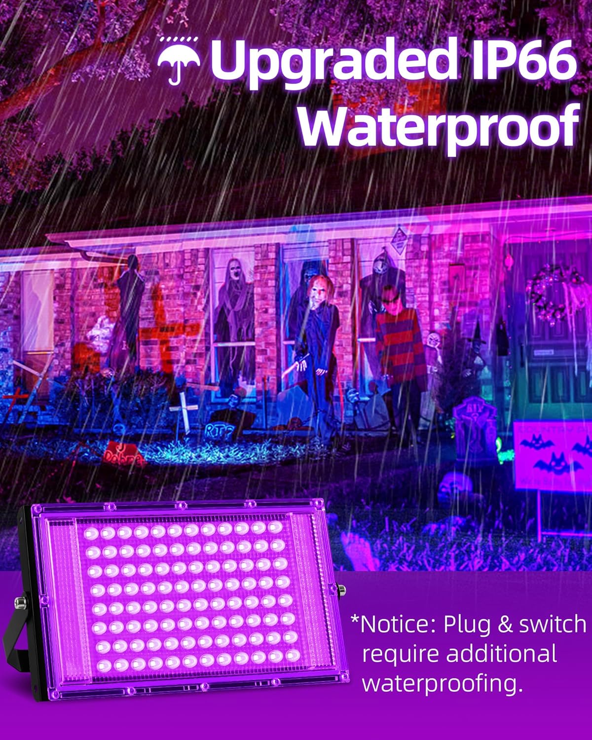 100W LED Black Lights IP66 Waterproof Black Light Outdoor with 5.9ft Plug+Switch,Flood Blacklight for Halloween Glow in The Dark Party Stage Light Neon Glow Birthday 2 Pack