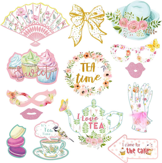 SUNBEAUTY 14 Pcs Tea Party Photo Booth Props Tea Party Decorations Alice in Wonderland Party Supplies Garden Party Bridal Shower for Girls Women