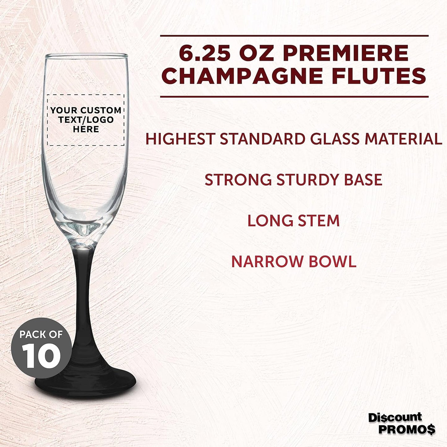 DISCOUNT PROMOS Custom Premiere Champagne Flutes 6.25 oz. Set of 10, Personalized Bulk Pack - Elegant Drinkware for Weddings, Events, & Promotional Gifts - Black