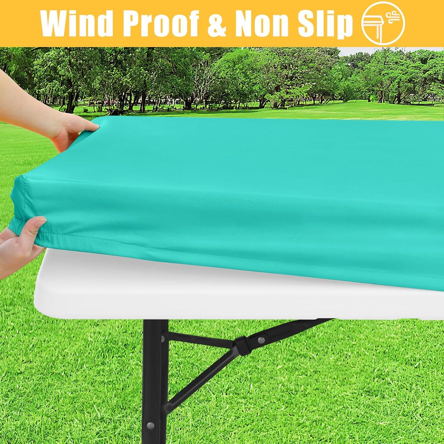 Rectangle Table Cloth, Waterproof Elastic Fitted Tablecloth for 6 Foot Folding Tables, Washable Polyester Tablecloths for Picnic, Camping, Outdoor (Aqua, 30"x72")
