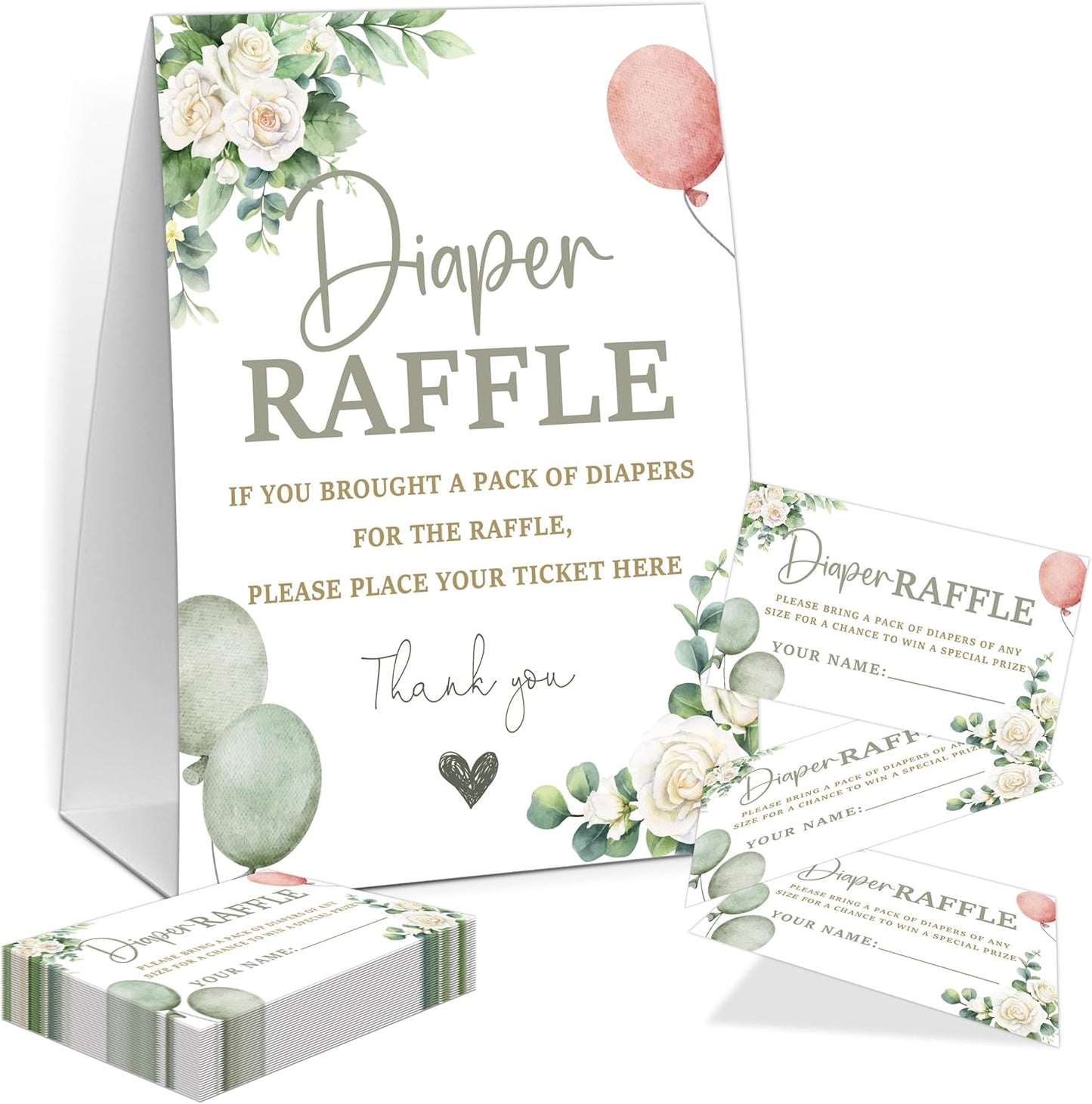Sage Green Baby Shower Diaper Raffle, Baby Shower Game, Include One 5×7 Sign and 50 Diaper Raffle Tickets, Greenery Balloons Gender Reveal Party Decoration Supplies - FG07