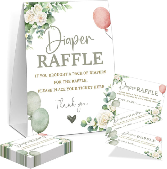 Sage Green Baby Shower Diaper Raffle, Baby Shower Game, Include One 5×7 Sign and 50 Diaper Raffle Tickets, Greenery Balloons Gender Reveal Party Decoration Supplies - FG07