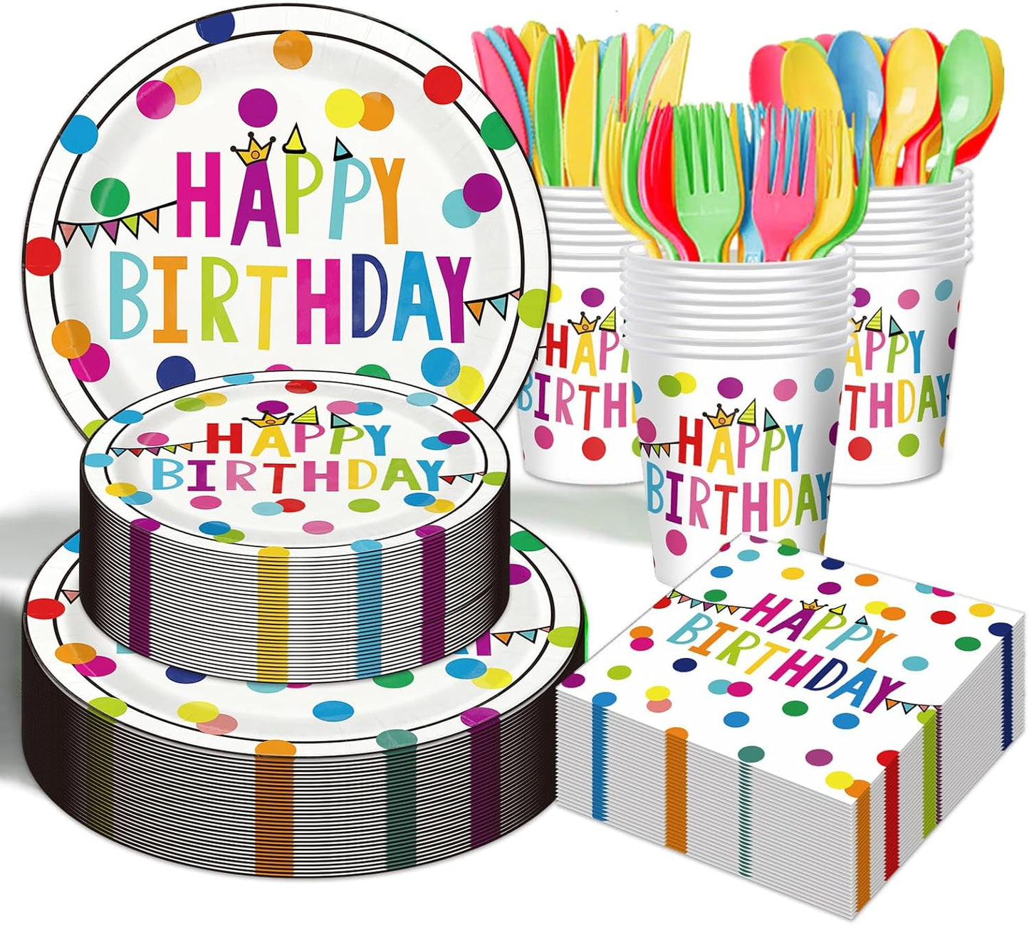 Happy Birthday Paper Plates and Napkins Sets - 350 Pcs Polka Dots Happy Birthday Party Supplies Tableware Set, Disposable Plates Napkins Kit for Boys Girls Birthday Party Decorations, Serves 50