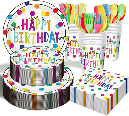 Happy Birthday Paper Plates and Napkins Sets - 350 Pcs Polka Dots Happy Birthday Party Supplies Tableware Set, Disposable Plates Napkins Kit for Boys Girls Birthday Party Decorations, Serves 50
