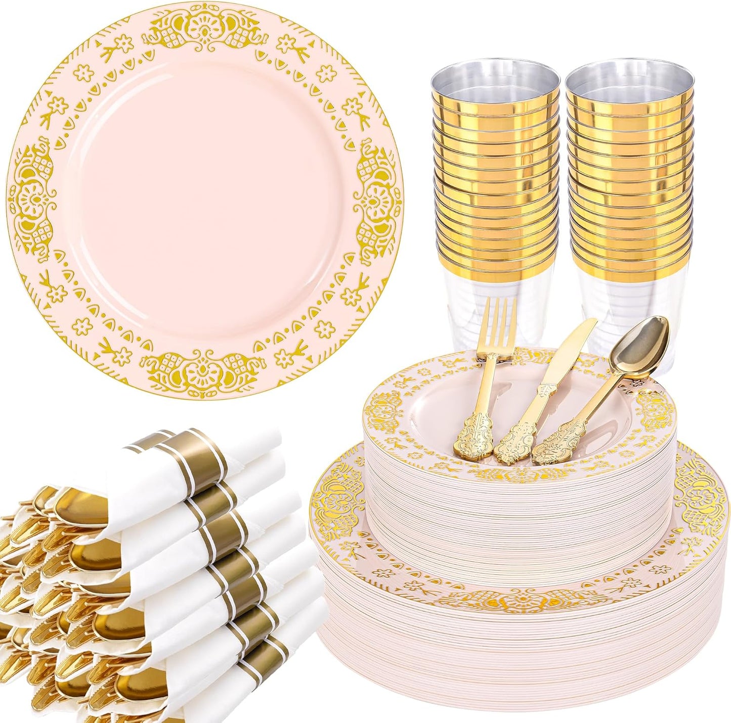 GATHER 350PCS Pink and Gold Plastic Plates - Gold Disposable Dinnerware Set Include 50 Dinner Plates, 50 Dessert Plates, 150 Plastic Silverware, 50 Napkins, 50 Cups for Party & Wedding