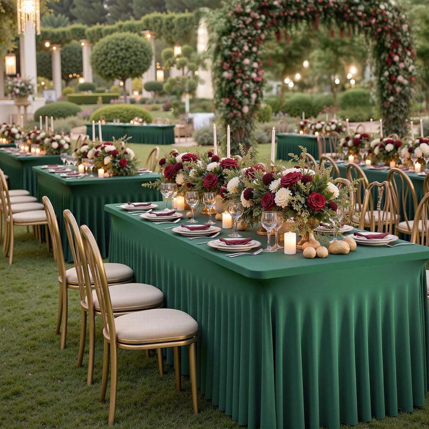 1 pk Hunter Green Spandex Tablecloth for 6 Foot Rectangle Tables, Wrinkle Free Fitted Spandex Table Covers 6ft Green Stretch Table Cloths with Ruffle Skirt for Parties Weddings Banquet Baby Shower