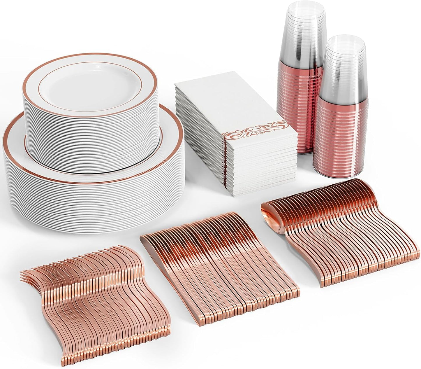 FOCUSLINE 350 Ct Disposable Dinnerware Set for 50 Guests -Heavy Duty Plastic Plates with Rose Gold Rim, Includes 50 Dinner & Salad Plates, Cups, Napkins, Cutlery Set