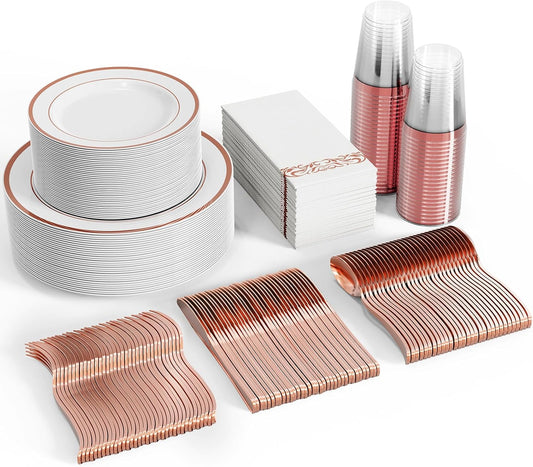 FOCUSLINE 350 Ct Disposable Dinnerware Set for 50 Guests -Heavy Duty Plastic Plates with Rose Gold Rim, Includes 50 Dinner & Salad Plates, Cups, Napkins, Cutlery Set